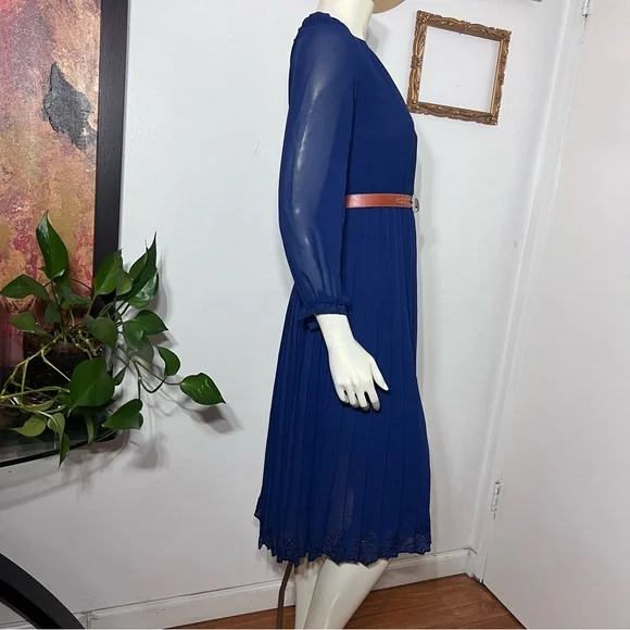Vintage Ralph Baker Dress Navy Blue Pleated Skirt Chiffon Midi Dres Midi Size 6 - Picture 8 of 16